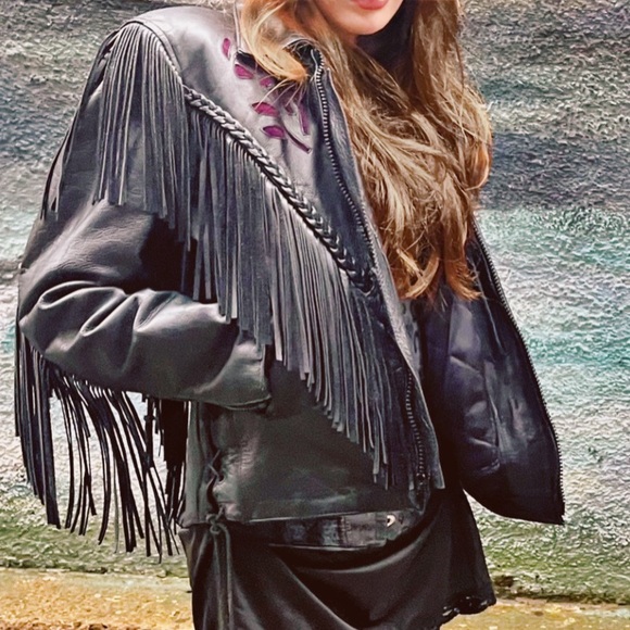 Vintage 90’s Geniune Leather Fringe Braided Rose Biker Jacket 💟 - Picture 2 of 6